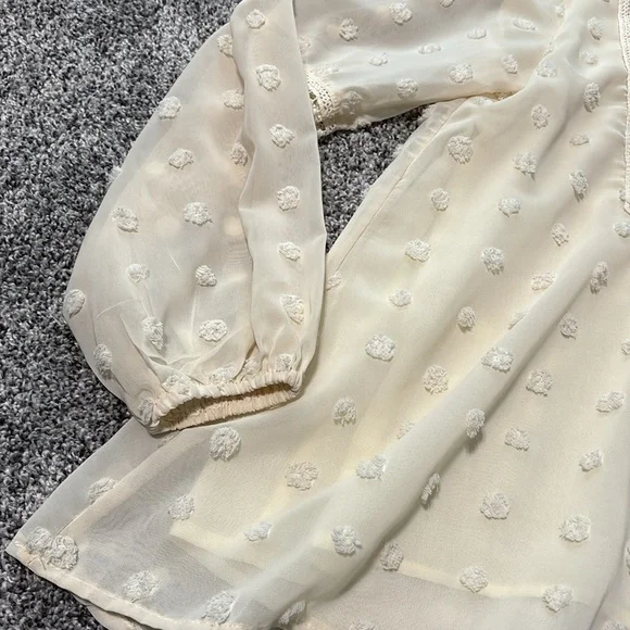 Like New Elegant Cream Swiss Dot Blouse with Lace Detailing - Picture 7 of 11